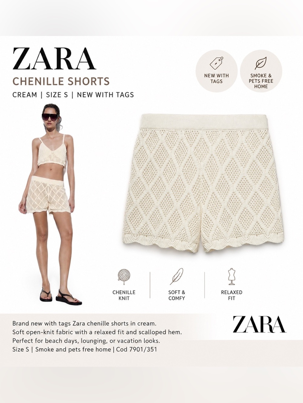 Zara Cream Chenille Crochet Knit Shorts Size S NWT Open Knit Scalloped Hem Beach